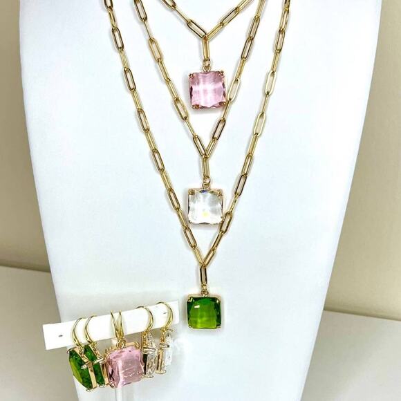 Paperclip Chain Necklace 16" 18" 20" Clear Faceted Glass Pendant AU24 - Picture 6 of 6